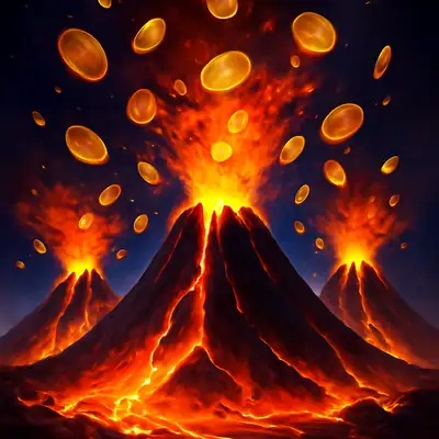 Three volcanoes erupt golden coins under a night sky in 3 Coin Volcanoes