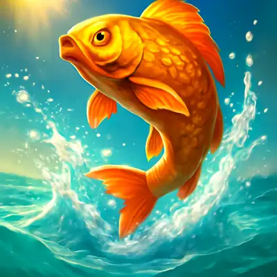 Golden carp leaps from turquoise water creating a splash in Fishing Splash