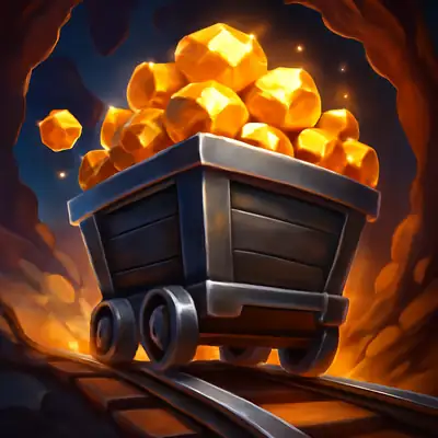 Mine cart overflowing with gold nuggets racing down a track in Gold Mine Express