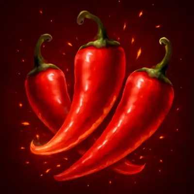 Three fiery chillies with sparks on a dark red background in 3 Hot Chillies