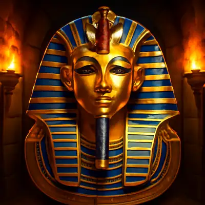 Golden pharaoh mask with lapis inlay in a torch-lit chamber in Le Pharaoh