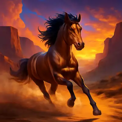 A wild mustang gallops through a desert canyon at sunset in Mustang Rush